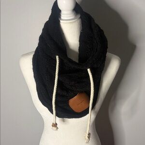 Chic Black Knit Scarf with Leather Accent